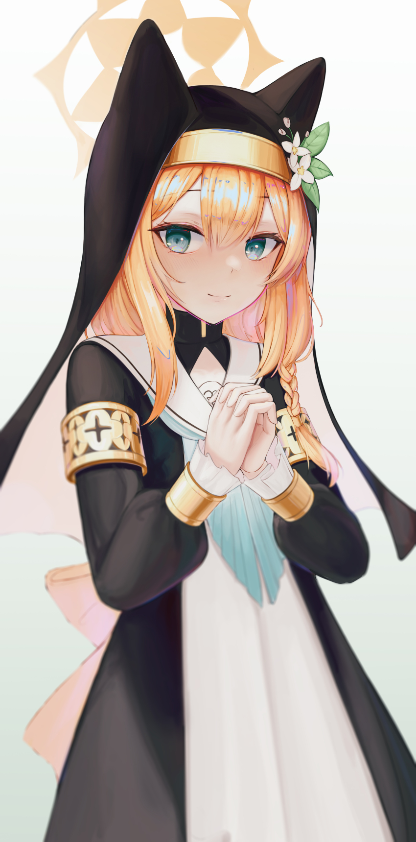 1girl absurdres armlet blonde_hair blue_archive blue_eyes bracelet braid closed_mouth flower gold gold_armlet gold_bracelet halo headscarf highres interlocked_fingers jewelry korean_commentary kuru9763 long_sleeves looking_at_viewer mari_(blue_archive) medium_hair mixed-language_commentary nun own_hands_together palms_together smile solo standing white_flower yellow_halo
