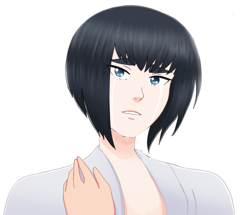 black_hair blue_eyes bob_cut close-up commentary crying english_commentary hand_on_another highres jakuzure_nonon karinakamichi kill_la_kill kiryuuin_satsuki out_of_frame portrait yuri