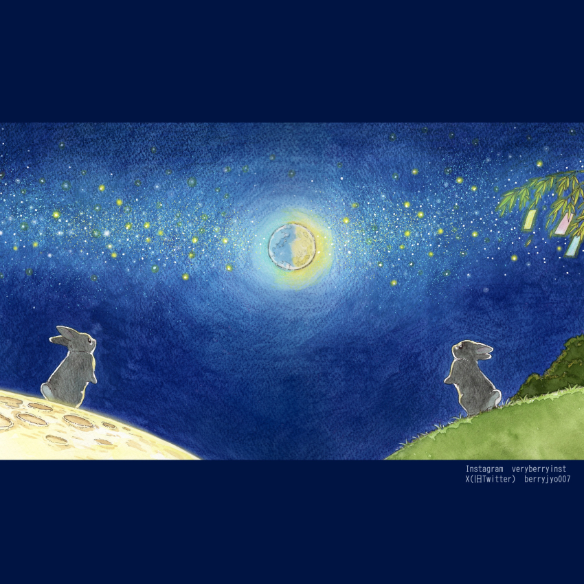 animal animal_focus berry_jou colored_pencil_(medium) earth_(planet) full_moon half_moon highres milky_way moon moonlight night night_sky original painting_(medium) planet qi_xi qixi_festival rabbit sky star_(sky) starry_sky tanabata tanzaku traditional_media watercolor_(medium)