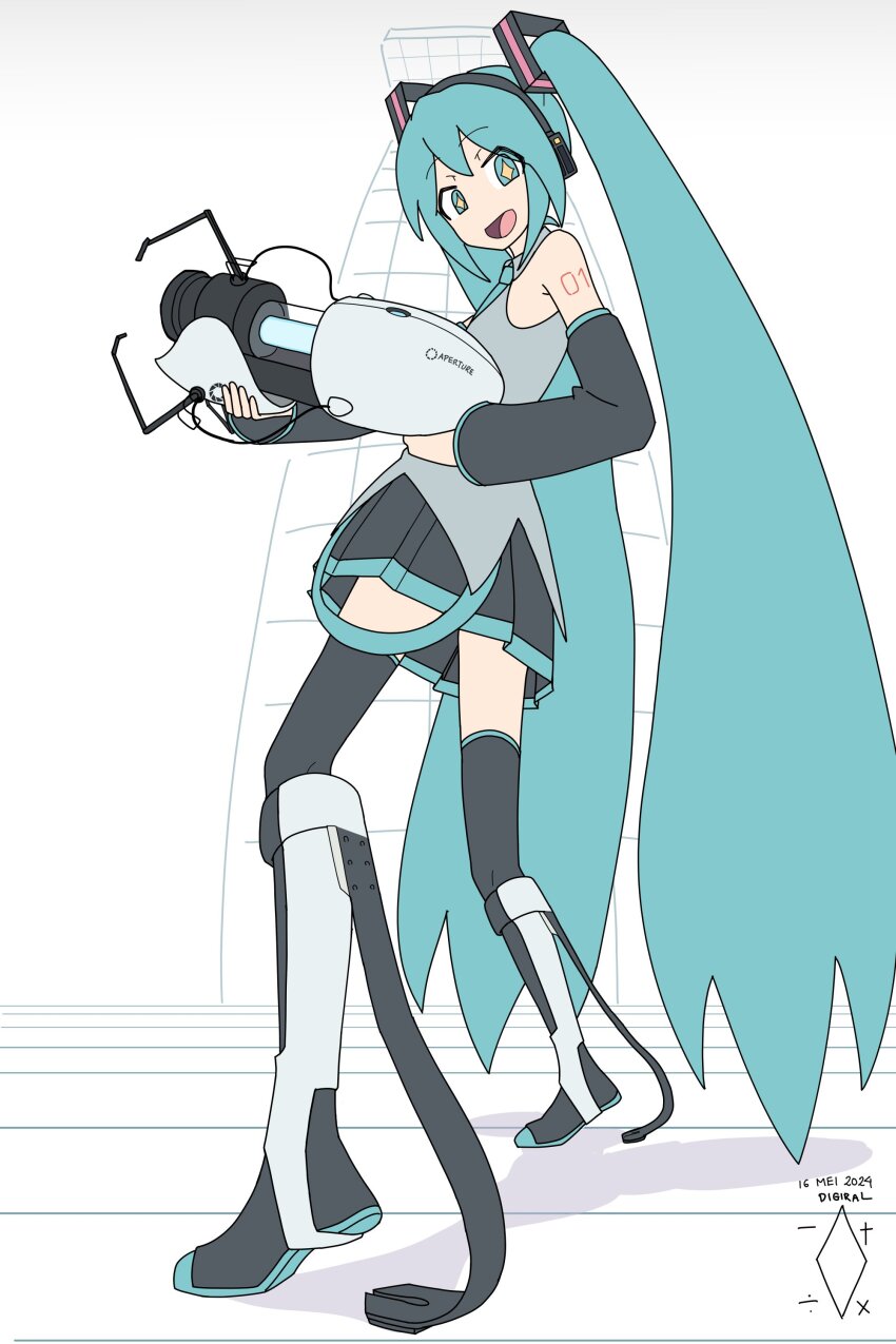 +_+ 1girl :d absurdres aperture_science_handheld_portal_device aqua_eyes aqua_hair aqua_necktie artist_name black_skirt black_sleeves black_thighhighs collared_shirt commentary dated detached_sleeves digiral english_commentary excited from_below from_side grey_shirt hair_ornament hatsune_miku headphones highres holding long_fall_boots long_hair long_sleeves miniskirt necktie number_tattoo open_mouth pleated_skirt portal_(series) shirt sidelocks skirt sleeveless sleeveless_shirt smile solo tattoo thighhighs twintails very_long_hair vocaloid white_background wide_sleeves