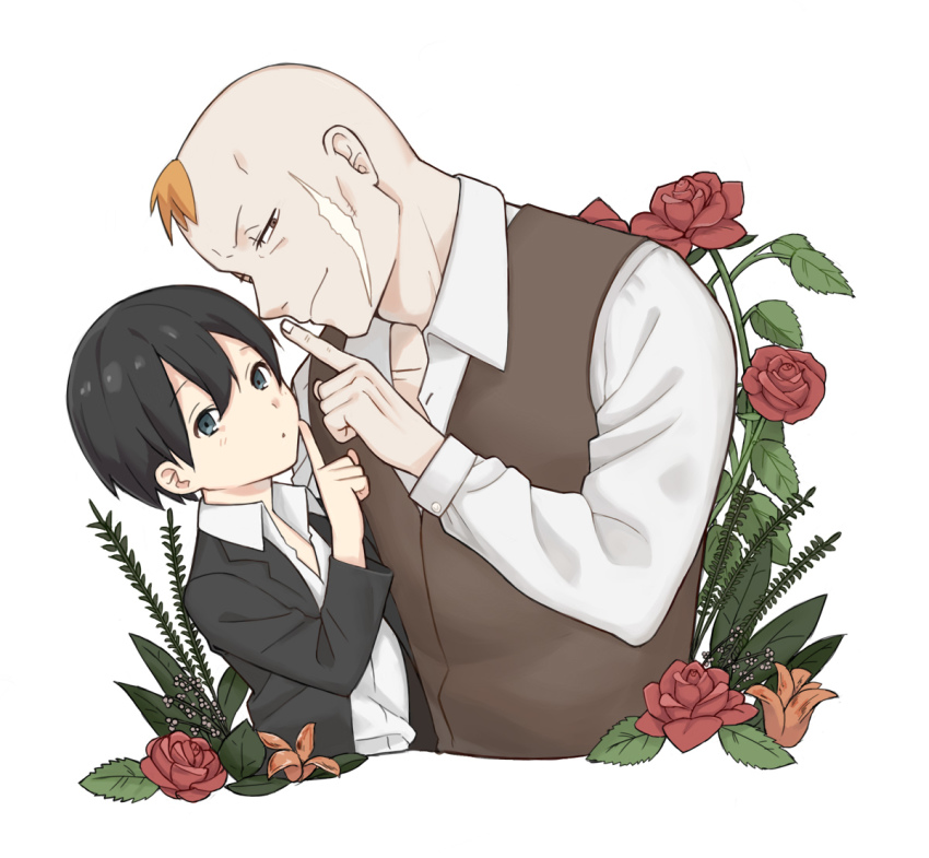 2boys black_eyes black_hair darren_shan flower formal_clothes index_finger_raised larten_crepsley multiple_boys orange_hair red_eyes red_flower red_rose rose scar scar_on_face short_hair smile suit the_saga_of_darren_shan vest