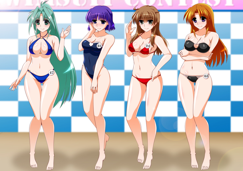 aqua_eyes aqua_hair bannings_jodie bikini black_bikini blue_bikini blush breasts brown_hair cleavage commission competition contest_button engo_(aquawatery) green_eyes jodie_bunnings lindy_harlaown lyrical_nanoha mahou_shoujo_lyrical_nanoha mahou_shoujo_lyrical_nanoha_reflection mature_female o-ring o-ring_bikini one-piece_swimsuit orange_hair pixiv_commission ponytail purple_eyes purple_hair red_bikini swimsuit takamachi_momoko tsukimura_haruna
