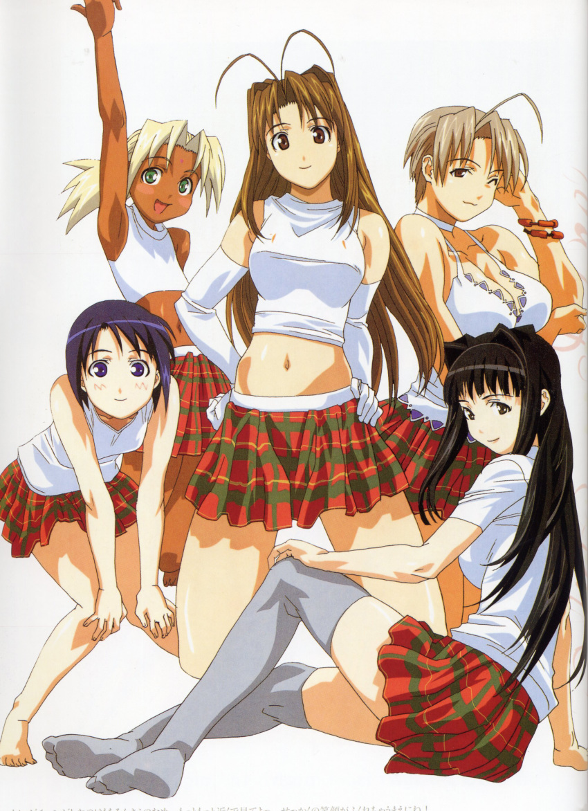 5girls :3 absurdres ahoge antenna_hair aoyama_motoko bare_shoulders barefoot bindi black_hair blonde_hair blue_hair blush_stickers bob_cut breasts brown_hair cleavage crop_top elbow_gloves feet gloves grey_legwear hair_intakes highres kaolla_su kneeling konno_mitsune long_hair looking_back love_hina maehara_shinobu midriff multiple_girls narusegawa_naru navel no_shoes official_art one_eye_closed plaid_clothes plaid_skirt ponytail shirt short_hair skirt smile thighhighs white_shirt wink