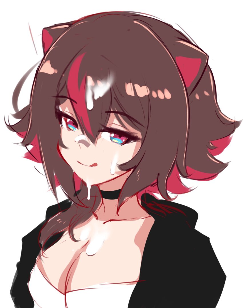 1girl animal_ears archived_source bandaid bandaid_on_face bandaid_on_nose black_choker black_jacket blue_eyes breasts brown_hair choker cleavage closed_mouth colored_tips cum cum_on_body cum_on_breasts cum_on_hair cum_on_upper_body facial hair_between_eyes hair_flaps half-closed_eyes highres indie_virtual_youtuber jacket licking_lips looking_at_viewer medium_breasts medium_hair multicolored_eyes multicolored_hair naughty_face raccoon_ears raccoon_girl rakkun_sutaru red_eyes red_hair shirt sketch slash-ex solo streaked_hair third-party_source tongue tongue_out two-tone_hair virtual_youtuber white_background white_shirt
