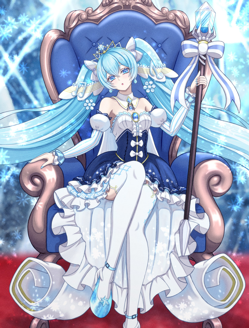 1girl absurdres aqua_eyes aqua_hair aqua_nails assiette47 bare_shoulders blue_gemstone boots breasts collarbone corset detached_collar detached_sleeves dress foot_out_of_frame frilled_dress frills gem hair_between_eyes hair_ornament hatsune_miku highres holding holding_scepter jewelry long_hair long_sleeves looking_at_viewer medium_breasts musical_note official_alternate_costume official_alternate_hairstyle open_mouth scepter sheet_music sitting sitting_on_throne snowflake_hair_ornament solo thighhighs throne vocaloid white_thighhighs yuki_miku yuki_miku_(2019)