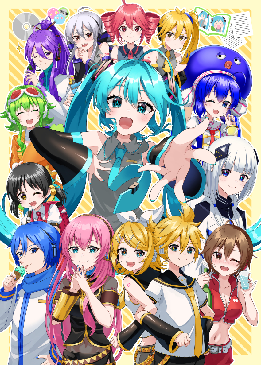 3boys 6+girls :3 absurdres ahoge alcohol backpack bag belt black_hair blonde_hair blue_eyes blue_hair bottle bow breasts brown_eyes brown_hair cd cellphone cevio cleavage closed_eyes coat collared_shirt crop_top cup detached_sleeves drill_hair flip_phone flute food goggles goggles_on_head green_hair grey_hair gumi hachune_miku hair_bobbles hair_bow hair_ornament hair_stick hairclip hand_on_own_chest hand_on_own_hip hat hatsune_miku headphones headset highres holding holding_bottle holding_cup holding_ice_cream_cone holding_phone ice_cream ice_cream_cone index_finger_raised instrument jitome kaai_yuki kafu_(cevio) kagamine_len kagamine_rin kaito_(vocaloid) kamui_gakupo kasane_teto kasane_teto_(utau) licking locked_arms long_hair long_sleeves low_twintails megurine_luka meiko_(vocaloid) midriff multiple_boys multiple_girls nail_polish navel neckerchief necktie one_eye_closed open_mouth otomachi_una outstretched_arm own_hands_together phone pink_hair purple_hair randoseru reaching reaching_towards_viewer recorder red_eyes sailor_collar scarf shirt short_hair short_hair_with_long_locks short_sleeves side_ponytail single_detached_sleeve skirt sleeveless sleeveless_shirt smile stuffed_carrot tatyaoekaki tongue tongue_out twin_drills twintails utau very_long_hair vocaloid white_hair yellow_eyes