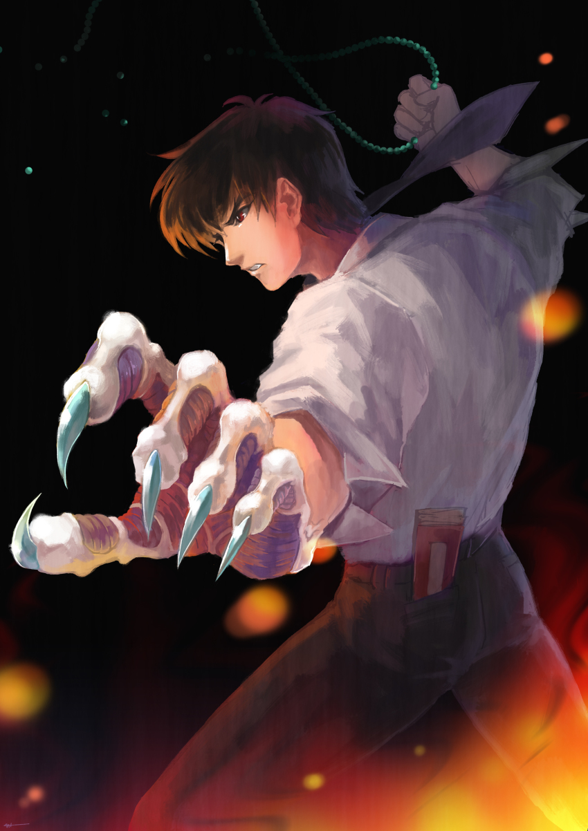 1boy absurdres ass back beads black_hair black_pants claws cowboy_shot facing_away fingernails food_fighter_441 highres jigoku_sensei_nube lips long_fingernails male_focus necktie nueno_meisuke pants parted_lips prayer_beads red_eyes sharp_fingernails shirt short_hair solo teeth white_shirt