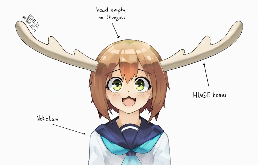 1girl :3 :d absurdres antlers aqua_neckerchief arrow_(symbol) blue_sailor_collar brown_hair commentary dated deer_antlers deer_girl diagram dot_nose english_commentary english_text funkiflame green_eyes highres horns light_blush looking_at_viewer medium_hair neckerchief open_mouth portrait sailor_collar school_uniform shikanoko_noko shikanoko_nokonoko_koshitantan shirt simple_background smile solo twitter_username typo white_background white_shirt wide-eyed