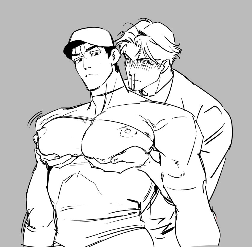2boys absurdres alternate_costume alternate_pectoral_size ao_isami arms_at_sides aroused_nosebleed bara bare_pectorals baseball_cap couple ekstmekajr facial_hair grabbing_from_behind greyscale_with_colored_background hat highres huge_pectorals lewis_smith male_focus motion_lines multiple_boys muscular muscular_male nipples nosebleed pectoral_grab pectoral_lift pectorals sideburns_stubble sketch standing stubble thick_eyebrows unamused upper_body yaoi yuuki_bakuhatsu_bang_bravern
