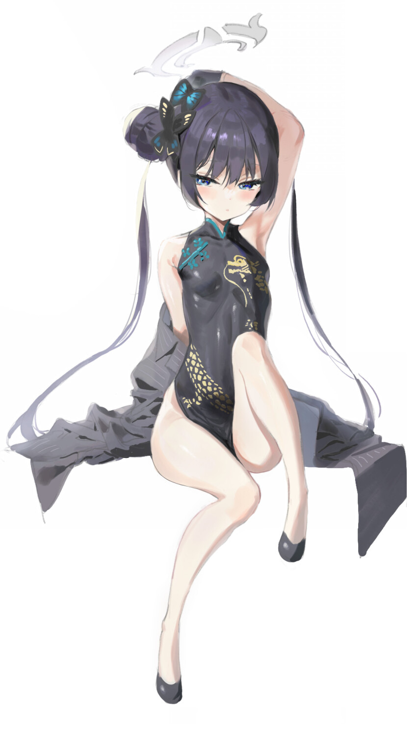 1girl bare_shoulders black_dress black_gloves black_hair blue_archive blush braid braided_bun breasts butterfly_hair_ornament china_dress chinese_clothes coat double_bun dragon_print dress full_body gloves grey_coat grey_eyes hair_bun hair_ornament half_gloves halo highres kisaki_(blue_archive) long_hair long_sleeves looking_at_viewer off_shoulder pelvic_curtain pinstripe_pattern short_dress side_slit small_breasts solo striped_coat twintails vertical-striped_coat youta