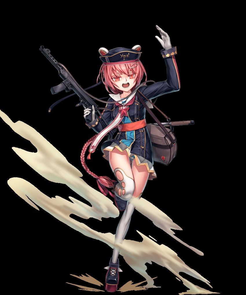 1girl absurdres angry black_jacket braid clothes_writing female_focus french_braid full_body girls&#039;_frontline gloves gun hair_ornament hairclip hat highres holding holding_weapon jacket long_braid long_hair long_sleeves miniskirt panties pantyshot pink_eyes pink_hair platform_footwear pleated_skirt pps-43 pps-43_(girls&#039;_frontline) randle red_star sailor_collar sash screaming shirt single_braid skirt solo standing standing_on_one_leg star_(symbol) striped_clothes striped_shirt submachine_gun telnyashka thighhighs transparent_background underwear very_long_hair weapon white_background white_gloves white_sailor_collar white_skirt white_thighhighs wind