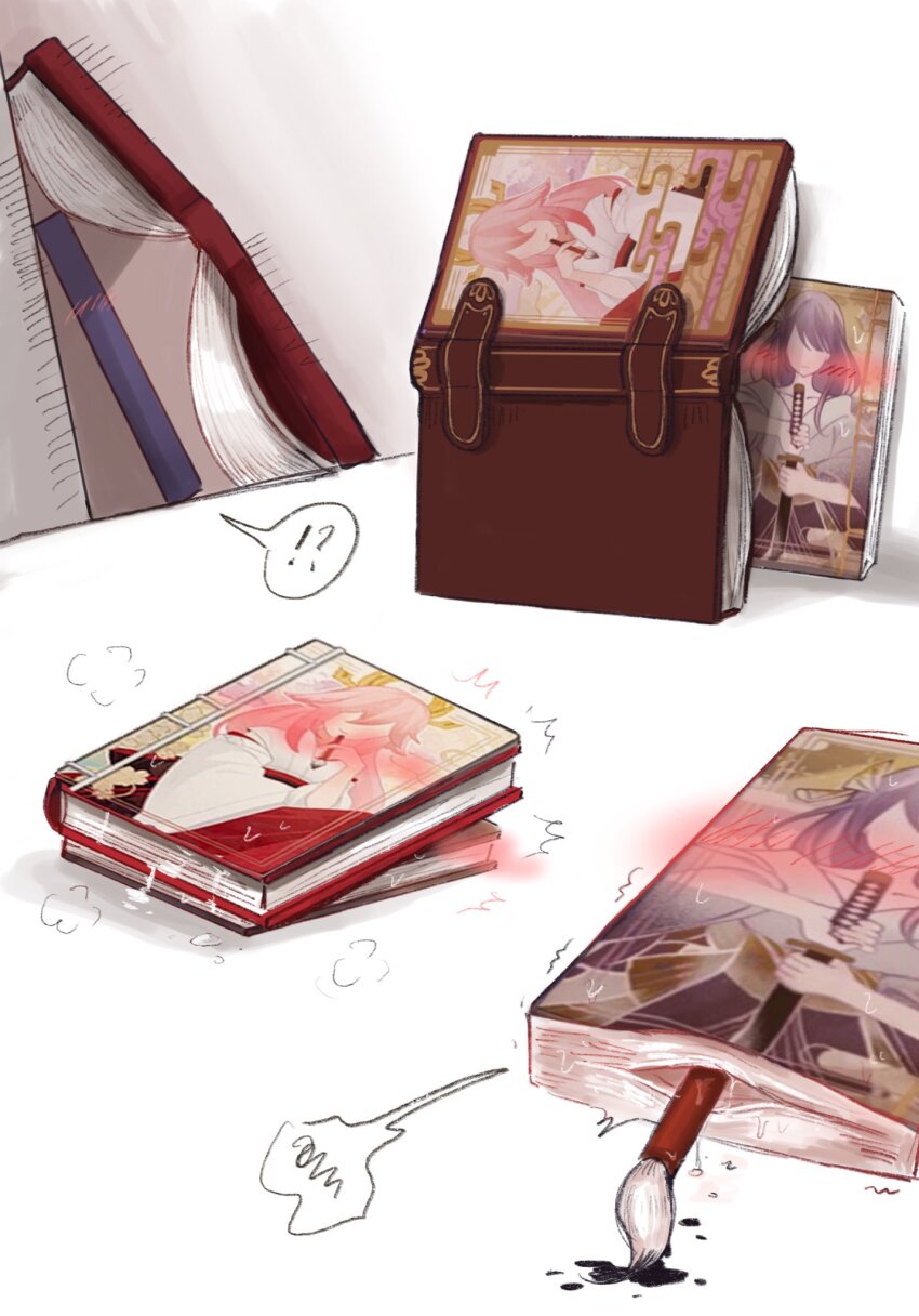 !? blush book calligraphy_brush genshin_impact highres ink kabedon nchiu no_humans open_book paintbrush raiden_shogun sexually_suggestive spoken_squiggle squiggle sweat trembling wet yae_miko