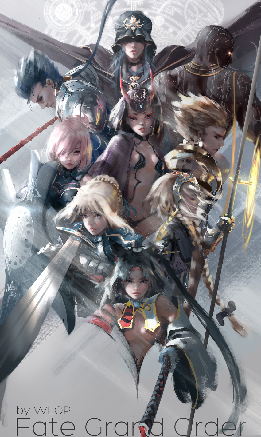 3boys 6+girls absurdres ahoge armor armored_dress artist_name artoria_pendragon_(fate) bald bare_shoulders black_cape black_hair black_hat blonde_hair blue_hair braid breasts cape closed_eyes closed_mouth copyright_name cu_chulainn_(caster)_(fate) cu_chulainn_(fate) cu_chulainn_(fate/stay_night) darius_iii_(fate) dark_skin detached_sleeves dress earrings emblem expressionless eyeshadow fate/apocrypha fate/grand_order fate/stay_night fate_(series) gauntlets gem gilgamesh_(fate) glowing glowing_eyes green_eyes hair_over_one_eye hair_slicked_back hat headpiece highres holding holding_weapon horns jeanne_d&#039;arc_(fate) jeanne_d&#039;arc_(ruler)_(fate) jewelry long_hair long_sleeves looking_at_viewer low_ponytail makeup mash_kyrielight mash_kyrielight_(demi-servant) medea_(caster)_(fate) medea_(fate) multiple_boys multiple_girls navel necklace oni pink_eyes pink_hair pointy_ears polearm ponytail profile purple_cape red_eyes red_lips revealing_clothes ruler_(fate/grand_order) saber_(fate) shaded_face shield short_hair shoulder_pads shuten_douji_(fate) single_braid single_horn small_breasts spear stomach tattoo underboob ushiwakamaru_(fate) very_long_hair weapon wide_sleeves wlop