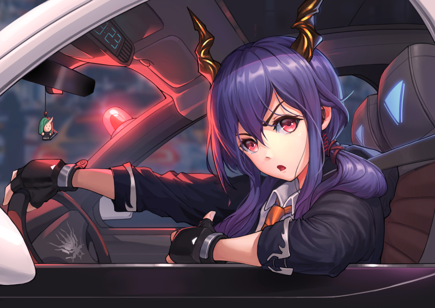1girl absurdres arknights beacon black_gloves black_jacket blue_hair blurry car_interior ch&#039;en_(arknights) character_doll clock collared_shirt doll dragon_girl dragon_horns elbow_rest female_focus fingerless_gloves from_outside from_side gloves glowing hair_between_eyes hair_over_shoulder hair_tie highres horns jacket left-hand_drive long_hair looking_at_viewer necktie orange_necktie outstretched_arm pointing pointing_at_self rear-view_mirror red_eyes seatbelt shirt sidelocks sleeves_rolled_up solo steering_wheel thumbs_up twintails upper_body white_shirt zzk