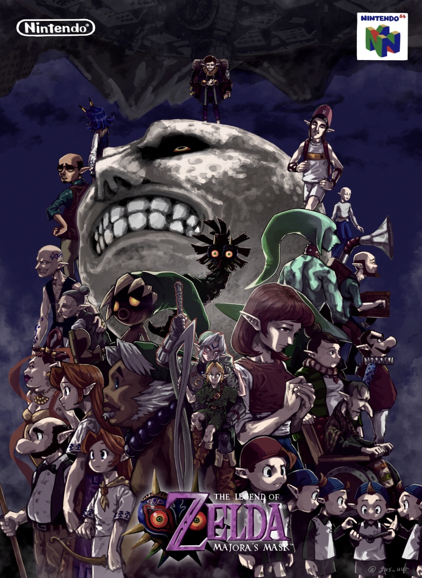 absolutely_everyone absurdres alternate_form anju&#039;s_grandmother anju&#039;s_mother anju_(zelda) arm_on_another&#039;s_leg arm_on_another&#039;s_shoulder arm_on_own_leg armor beard belt black_eyes blonde_hair blue_eyes blue_skin bomb_shop_owner_(zelda) bombers bow bowtie breasts brown_hair chair character_request cleavage clenched_teeth colored_sclera colored_skin copyright_name corruption cremia crescent crescent_print dark_persona dark_skin deku_link double_helix earrings english_text everyone facial_hair facial_tattoo fierce_deity fingerless_gloves floating frown fusion game_console gloves glowing glowing_eyes gorman goron goron_link green_eyes guru-guru gus_uur hair_bun happy_mask_salesman highres holding holding_staff holding_sword holding_weapon instrument jewelry jim_(zelda) kafei large_breasts link logo long_hair looking_afar looking_ahead looking_at_another looking_at_object looking_at_viewer looking_back looking_down looking_to_the_side madame_aroma majora_(entity) man_from_the_curiosity_shop mask moon_(zelda) mr._barten multiple_boys multiple_girls multiple_persona mustache neckerchief night night_sky nintendo nintendo_64 no_pupils nose old_lady_from_bomb_shop_(zelda) own_hands_together pointy_ears ponytail possessed possession postman_(zelda) purple_hair red_hair romani_(zelda) sakon_(zelda) short_hair siblings sisters sitting sitting_on_lap sitting_on_person skull_kid sky staff standing sword tattoo teeth the_legend_of_zelda the_legend_of_zelda:_majora&#039;s_mask triangle_print weapon white_eyes white_hair wrist_guards yellow_eyes yellow_sclera young_link zora zora_link