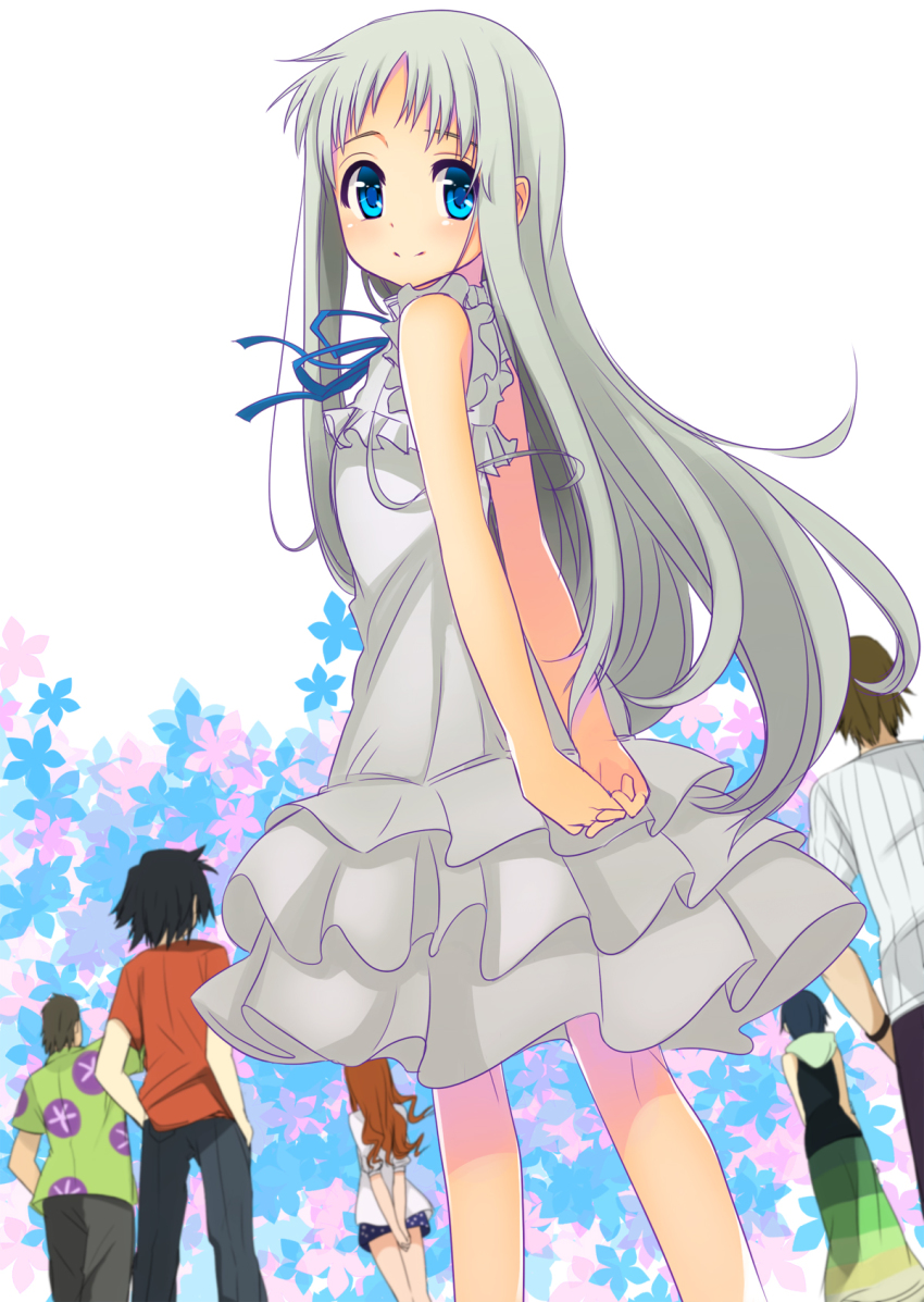 10s 3boys 3girls anjou_naruko ano_hi_mita_hana_no_namae_wo_bokutachi_wa_mada_shiranai. blue_eyes dress highres hisakawa_tetsudou honma_meiko long_hair looking_back mahcdai matsuyuki_atsumu multiple_boys multiple_girls silver_hair tsurumi_chiriko yadomi_jinta