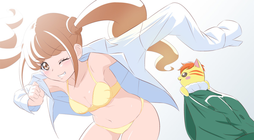 1girl blouse bra breasts brown_eyes brown_hair collared_shirt dress_shirt dressing fuchi_(nightmare) grin healin&#039;_good_precure healing_animal hiramitsu_hinata long_hair long_sleeves medium_breasts navel nyatoran_(precure) one_eye_closed open_clothes open_shirt panties precure shirt smile teeth twintails underwear white_background white_shirt yellow_bra yellow_panties