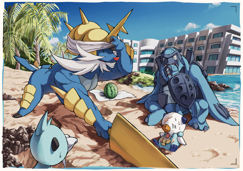 black_eyes border building bulging_eyes carracosta claws cloud commentary_request day dewott food fruit gen_5_pokemon highres holding how_long nintendo no_humans oshawott outdoors pokemon pokemon_(creature) pokemon_focus samurott sand scared sky sweatdrop tirtouga trembling water watermelon white_border