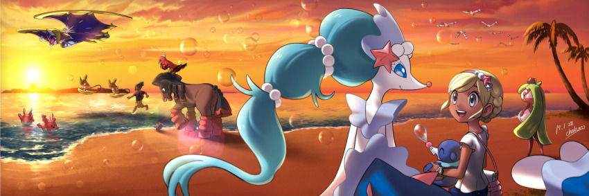 1boy 1girl alolan_form alolan_raichu bag beach blonde_hair blue_eyes bubble cha_kuro_(limo) closed_mouth corsola gen_2_pokemon gen_3_pokemon gen_7_pokemon grey_eyes hau_(pokemon) legendary_pokemon lunala mudsdale nintendo nose_bubble ocean open_mouth oricorio oricorio_(baile) outdoors pokemon pokemon_(creature) pokemon_sm popplio primarina pyukumuku selene_(pokemon) shirt shore sunset tsareena wading white_shirt wingull