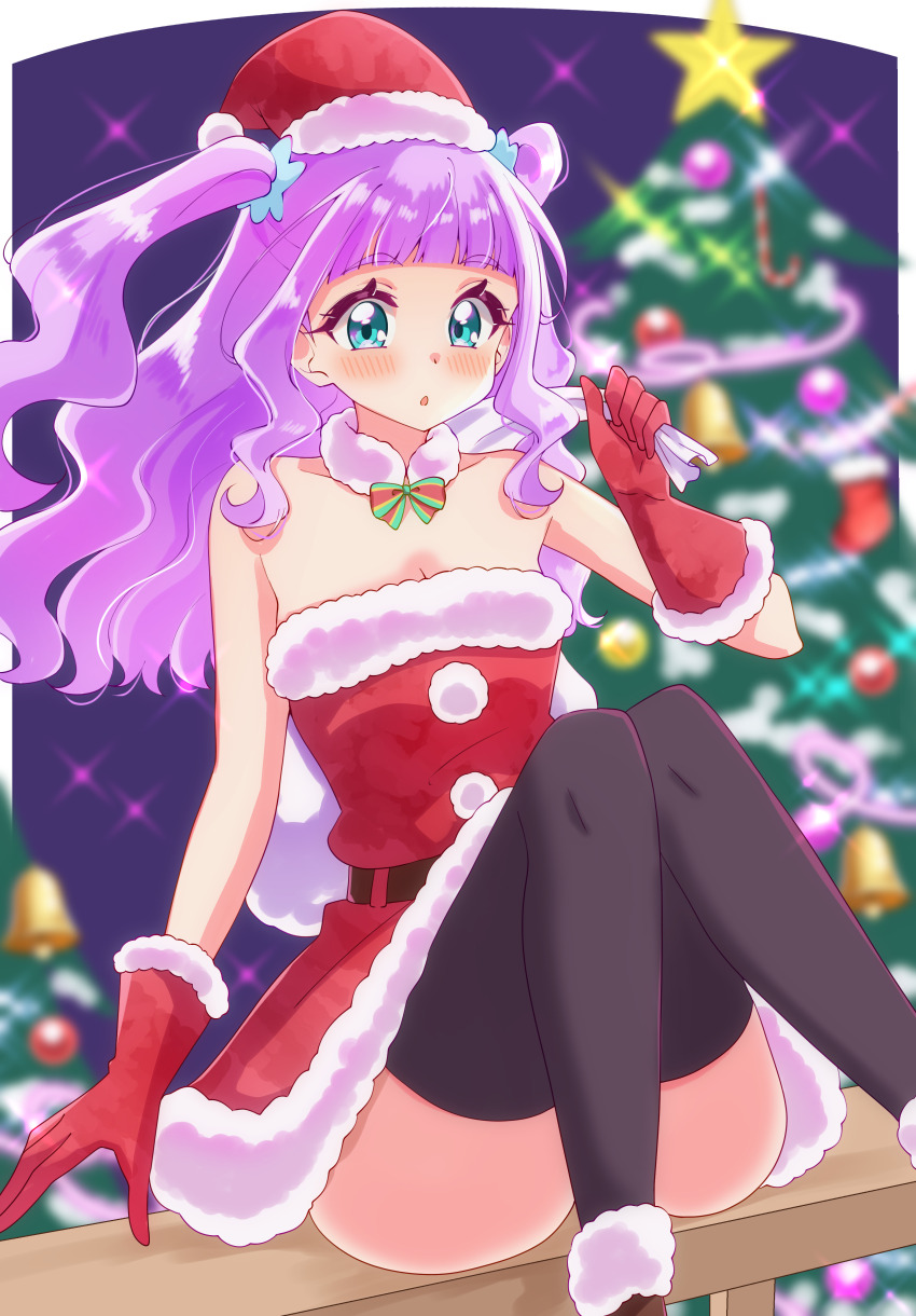 1girl aqua_eyes black_thighhighs blue_scrunchie blush boots breasts brown_boots christmas_ornaments christmas_tree cleavage dress ellee-chan gloves hat high_heel_boots high_heels hirogaru_sky!_precure holding holding_sack long_hair night night_sky open_mouth precure purple_hair red_dress red_gloves red_hat sack santa_costume santa_dress santa_hat scrunchie sky small_breasts solo star_(sky) strapless strapless_dress sugimura_mickey thighhighs two_side_up