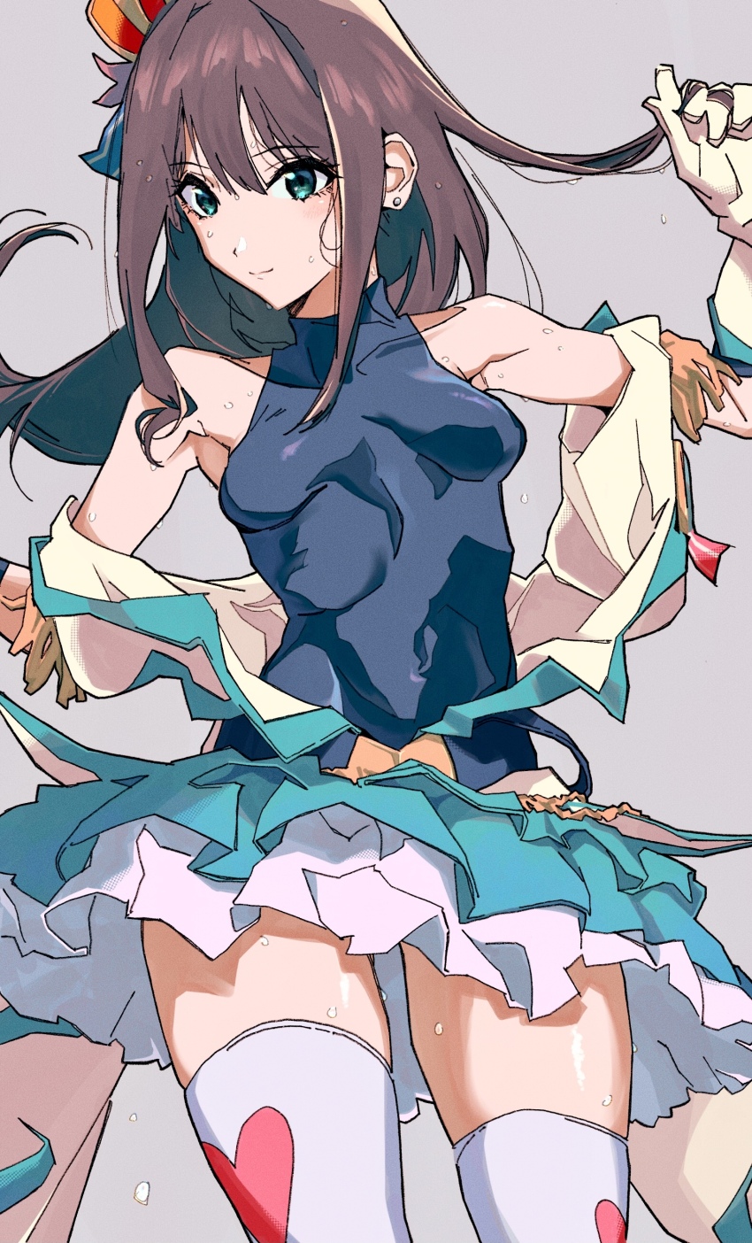 1girl absurdres arm_up bare_shoulders bloom_into_me15 breasts brown_hair closed_mouth covered_navel cowboy_shot gloves green_eyes grey_background hat highres idolmaster idolmaster_cinderella_girls long_hair looking_at_viewer shibuya_rin simple_background skirt sleeveless sleeveless_turtleneck smile solo standing sweat thighhighs turtleneck white_gloves white_thighhighs