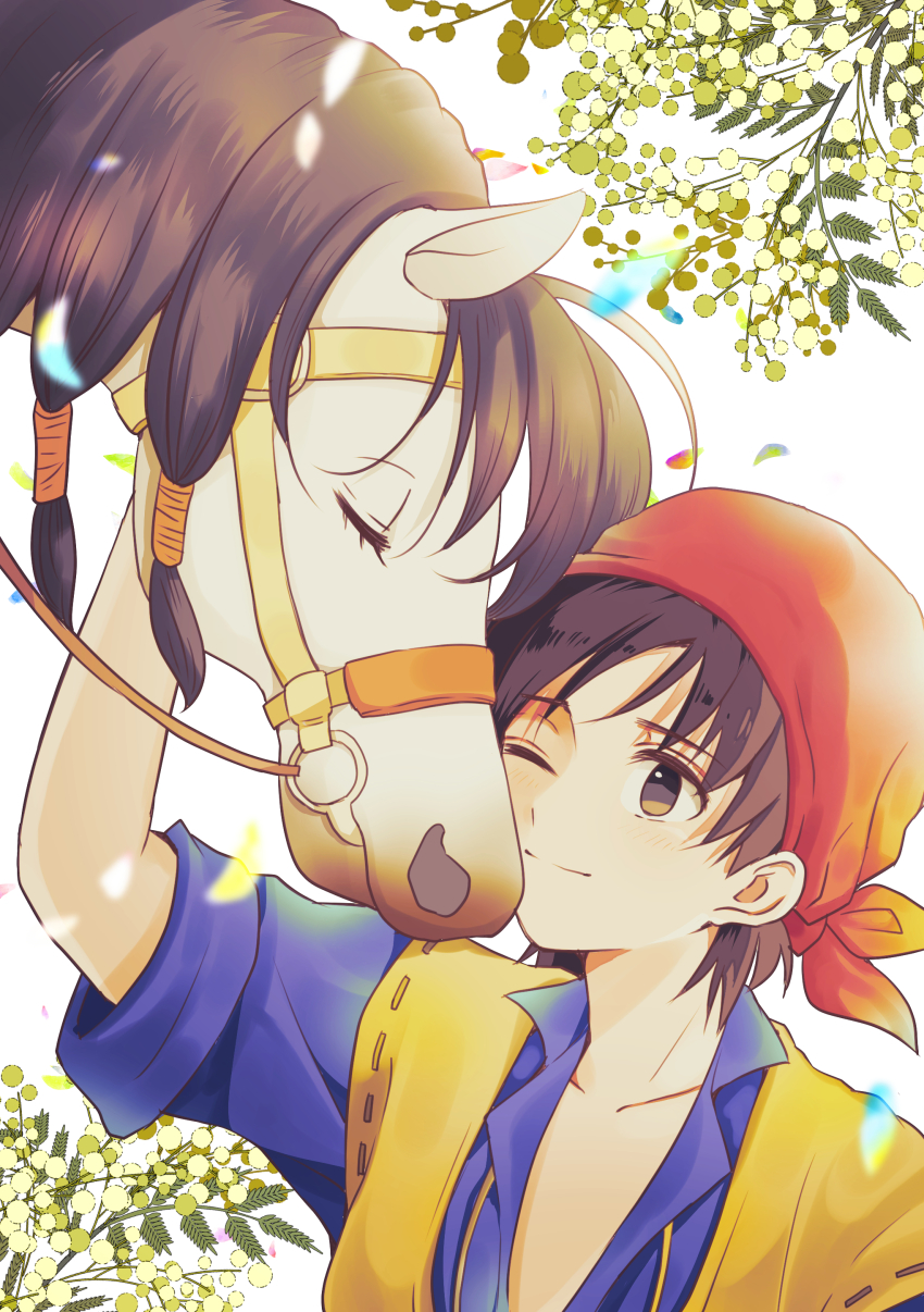 1boy absurdres alternate_form bandana black_hair brown_eyes c-diamond closed_mouth collarbone commentary_request dragon_quest dragon_quest_viii eyelashes falling_leaves hero_(dq8) highres horse leaf medea_(dq8) medea_(horse)_(dq8) one_eye_closed orange_bandana smile white_background
