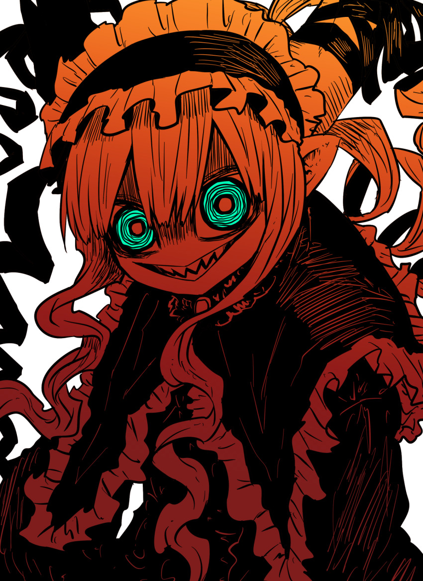 1girl alternate_eye_color asymmetrical_horns black_dress black_ribbon blonde_hair commentary_request demon_girl demon_horns dress drill_hair eyebrows_hidden_by_hair goth_fashion gothic_lolita green_eyes hair_between_eyes highres horns horror_(theme) limited_palette lolita_fashion long_dress looking_at_viewer musuko_ga_kawaikute_shikatanai_mazoku_no_hahaoya nightmare_(mazohaha) pointy_ears ribbon sharp_teeth simple_background solo teeth tongue tongue_out twintails white_background white_horns zyugoya