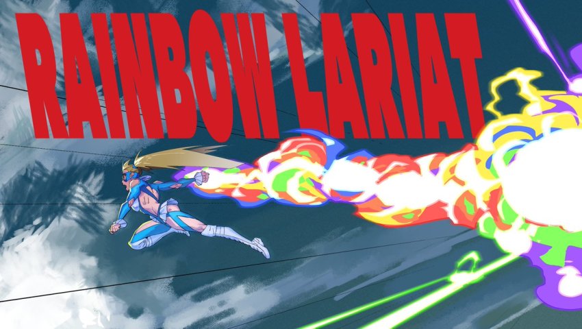 1girl blonde_hair clothing_cutout diepod domino_mask english_text finishing_move from_side kill_la_kill lariat leotard long_hair mask parody rainbow_mika shoulder_cutout street_fighter street_fighter_v toned twintails wrestling_outfit