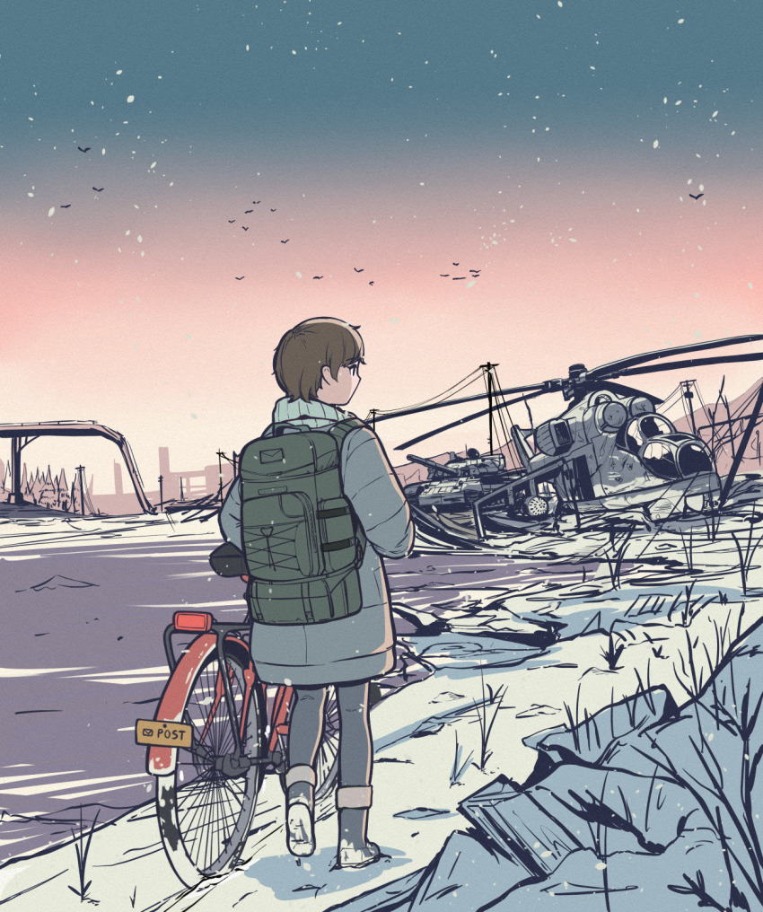 1girl abandoned aircraft attack_helicopter backpack bag bicycle boots brown_hair coat girls&#039;_frontline helicopter highres hp-35_(girls&#039;_frontline) jacket mi-24 military_vehicle motor_vehicle parabellum scarf short_hair sky snow star_(sky) tank winter_clothes winter_coat