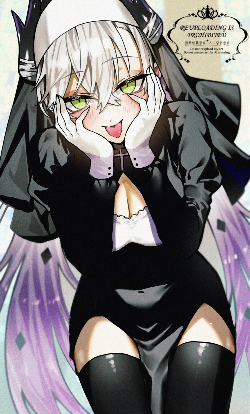 1girl black_dress black_thighhighs black_veil blush breasts cleavage cleavage_cutout clothing_cutout cross cross_necklace crossed_bangs demon_girl demon_horns dress fate/grand_order fate_(series) gloves green_eyes grey_hair hair_between_eyes highres horns jewelry kabosoi_mangaka lilith_(fate) long_hair long_sleeves looking_at_viewer medium_breasts necklace nun pointy_ears smile solo thighhighs thighs tongue tongue_out twintails veil very_long_hair white_gloves