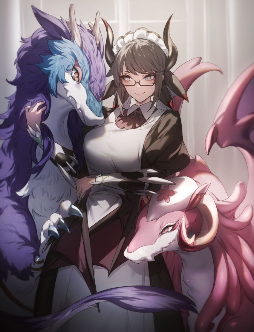 3girls apron black_hair breasts closed_mouth dragon dragon_girl dragon_horns dragon_tail dragon_wings dragonmaid_ernus dragonmaid_nudyarl dress duel_monster genyaky glasses highres horns house_dragonmaid large_breasts laundry_dragonmaid long_sleeves maid maid_apron maid_headdress multiple_girls nurse_dragonmaid pink_eyes puffy_long_sleeves puffy_sleeves short_hair smile tail wings yellow_eyes yu-gi-oh!