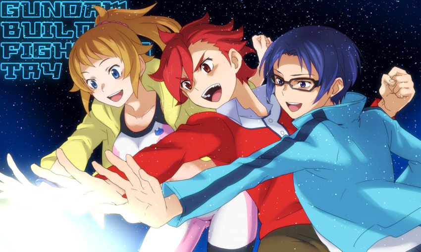 10s 1girl 2boys :d @@@_(eckzahn) bad_id bad_pixiv_id bike_shorts blue_eyes blue_hair brown_hair glasses gundam gundam_build_fighters gundam_build_fighters_try hoshino_fumina jacket kamiki_sekai kousaka_yuuma midriff multiple_boys open_mouth ponytail red_eyes red_hair scrunchie smile sports_bra track_jacket