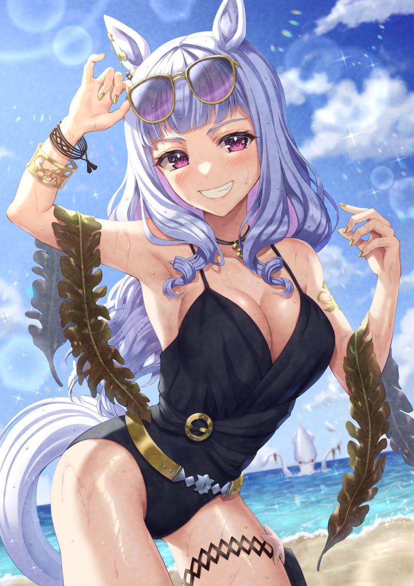 1girl absurdres animal_ears bangle black_one-piece_swimsuit bracelet breasts cleavage eyewear_on_head gold_nails gold_ship_(run_revolt_launcher)_(umamusume) gold_ship_(umamusume) grey_hair highres horse_ears horse_girl horse_tail jewelry large_breasts looking_at_viewer nail_polish necklace ocean octopus official_alternate_costume one-piece_swimsuit purple_eyes rachel_(ry-0820-love-asmjgtk02) seaweed smile solo sunglasses swimsuit tail teeth thigh_strap umamusume