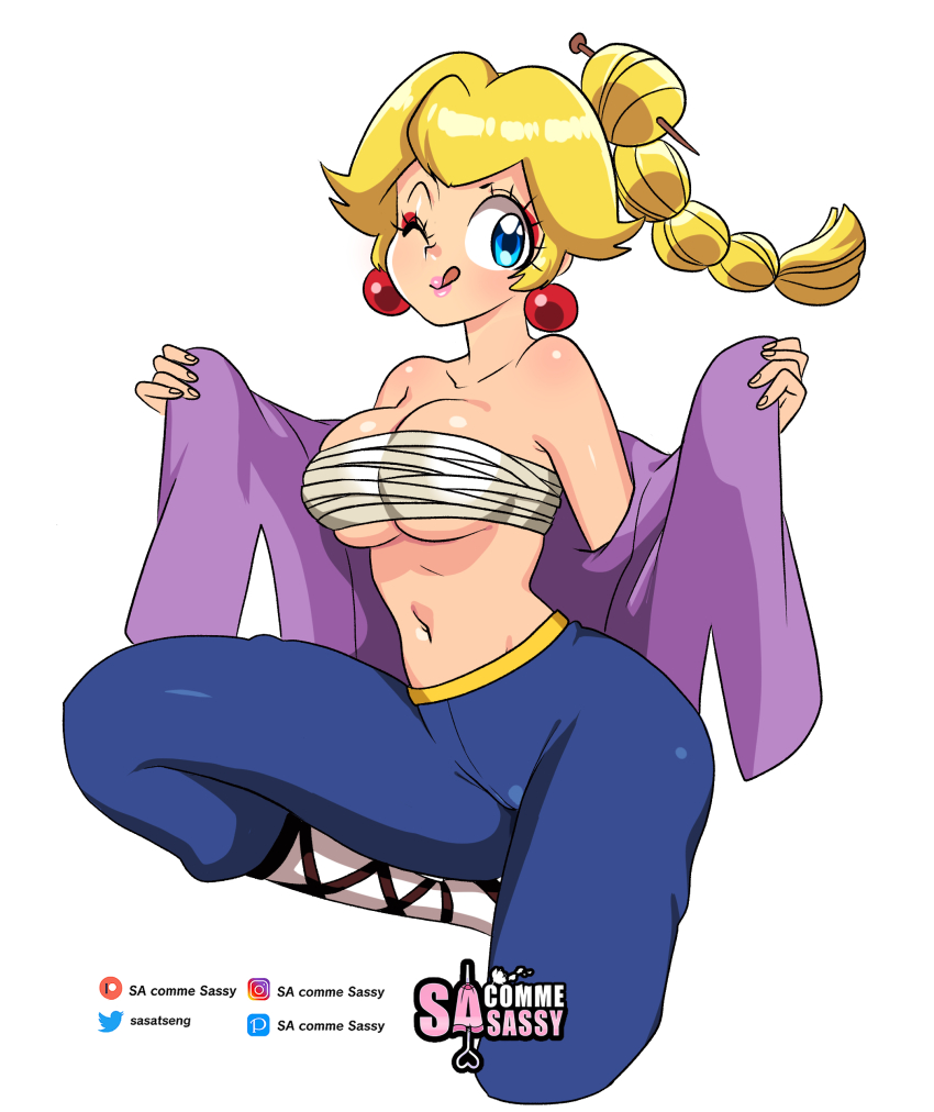 1girl :d absurdres artist_name bare_shoulders blonde_hair blue_eyes blue_pants braid braided_ponytail breasts chinese_clothes collarbone cowboy_shot highres kung_fu_peach large_breasts lips long_hair looking_at_viewer mario_(series) navel nintendo one_eye_closed open_clothes open_mouth pants patreon_username princess_peach princess_peach:_showtime! sasa_tseng simple_background smile solo standing standing_on_one_leg tongue tongue_out twitter_username undressing white_background wink
