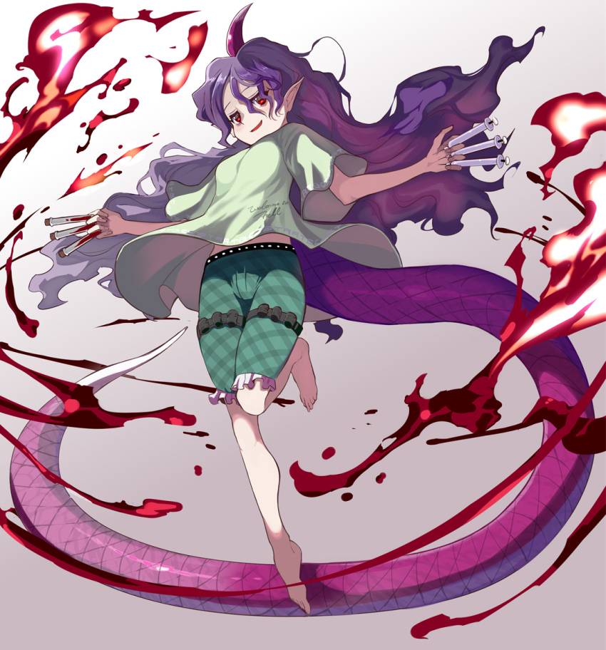 1girl barefoot frilled_shorts frills full_body gradient_hair green_shirt green_shorts highres holding holding_syringe holding_test_tube horns long_tail multicolored_hair open_mouth pink_tail pointy_ears purple_hair red_eyes shirt shorts single_horn sleepy smile solo syope syringe tail tenkajin_chiyari test_tube touhou