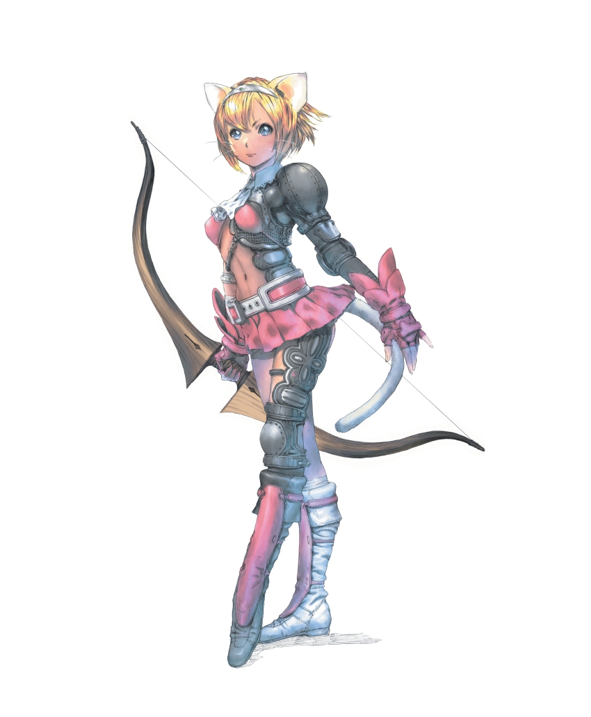1girl absurdres animal_ears armor ascot blonde_hair blue_eyes bob_cut boots bow_(weapon) brave_story brave_story:_aratanaru_tabibito brown_hair cat cat_ears cat_tail female_focus fingerless_gloves flat_chest full_body gloves hairband highres knee_boots midriff navel official_art pleated_skirt short_hair simple_background skirt solo standing tail toe-point weapon whiskers yasuda_akira yuno_(brave_story)