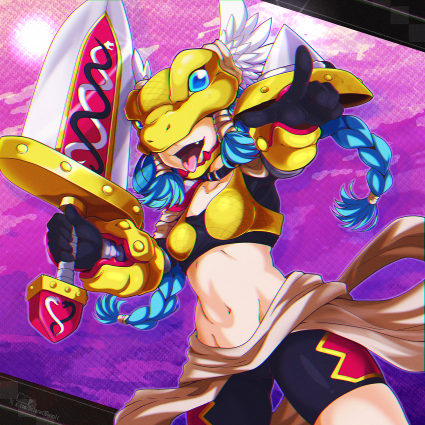 1girl armor bike_shorts black_choker black_gloves black_tube_top blue_hair boobplate braid breastplate breasts buckler choker collarbone commentary covered_eyes cowboy_shot dclaret digimon digimon_(creature) english_commentary facing_viewer fang floating_hair gauntlets gloves gold_armor gold_helmet groin helmet helmet_over_eyes highres holding huge_weapon long_hair midriff minervamon navel open_mouth pointing shield shoulder_pads sidelocks skindentation small_breasts solo standing strapless sword tongue tongue_out tube_top twin_braids twitter_username very_long_hair waist_cape weapon winged_helmet