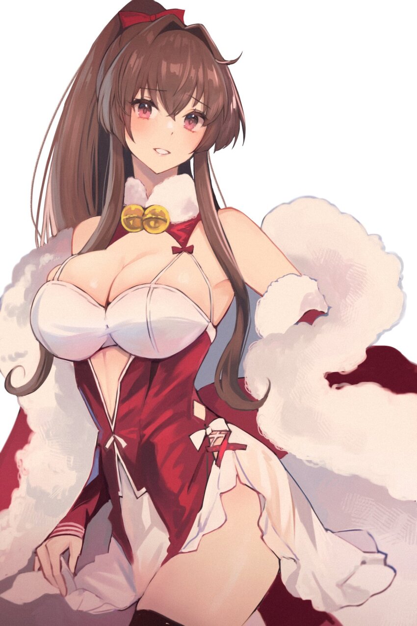 1girl bare_shoulders bell bird blush bow breasts brown_hair cleavage commentary_request cosplay detached_sleeves dress fur_trim grey_background hair_between_eyes hair_bow highres johnston_(christmas)_(kancolle) johnston_(kancolle) johnston_(kancolle)_(cosplay) kantai_collection kasumi_(skchkko) large_breasts long_hair neck_bell ponytail red_bow red_dress red_eyes sidelocks simple_background solo very_long_hair yamato_(kancolle)