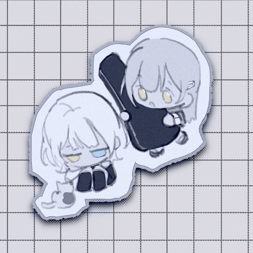 2girls bang_dream! bang_dream!_it&#039;s_mygo!!!!! blue_eyes cat chibi chinese_commentary commentary_request guitar_case heterochromia instrument_case kaname_raana long_sleeves multiple_girls open_mouth raana_the_cat short_hair wakaba_mutsumi white_hair yellow_eyes yi_chuan_xian_hua
