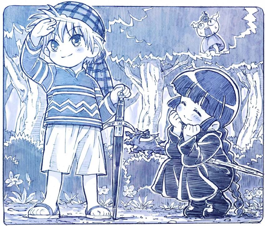 &gt;:) 1girl bandana blue_theme blunt_bangs blush braid closed_eyes closed_mouth commentary_request dress forest gipple hand_on_hilt hand_up hands_on_own_cheeks hands_on_own_face holding holding_sword holding_weapon kukuri_(mahoujin_guruguru) long_dress long_hair long_sleeves looking_afar mahoujin_guruguru monochrome nature nike_(mahoujin_guruguru) no_socks sakino_shingetsu sandals shirt shoes shorts sidelocks single_braid sitting smile squatting staff sword v-shaped_eyebrows very_long_hair weapon