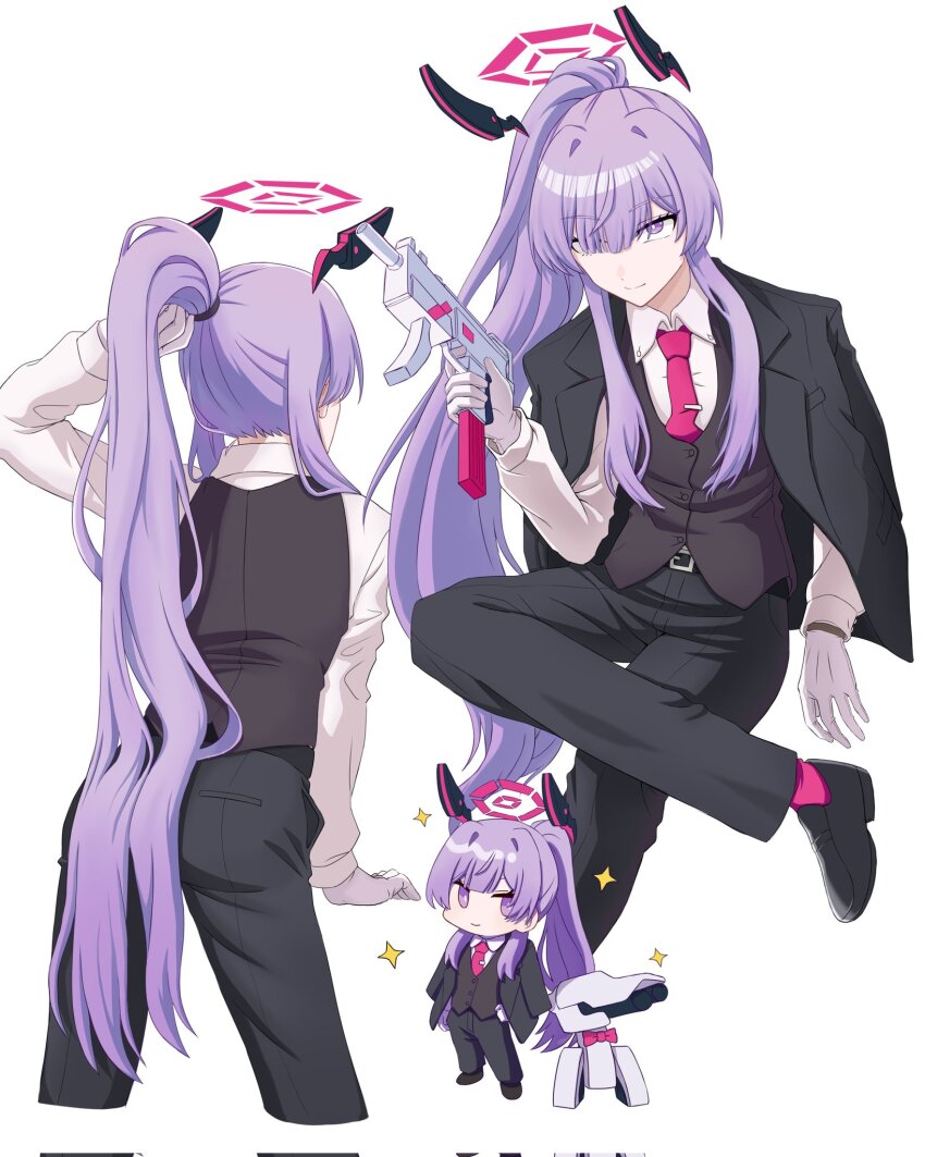 1girl black_suit blue_archive formal_clothes gun halo highres holding holding_gun holding_weapon mac-10/11 necktie pink_necktie qiu_mu simple_background solo submachine_gun suit utaha_(blue_archive) weapon white_background