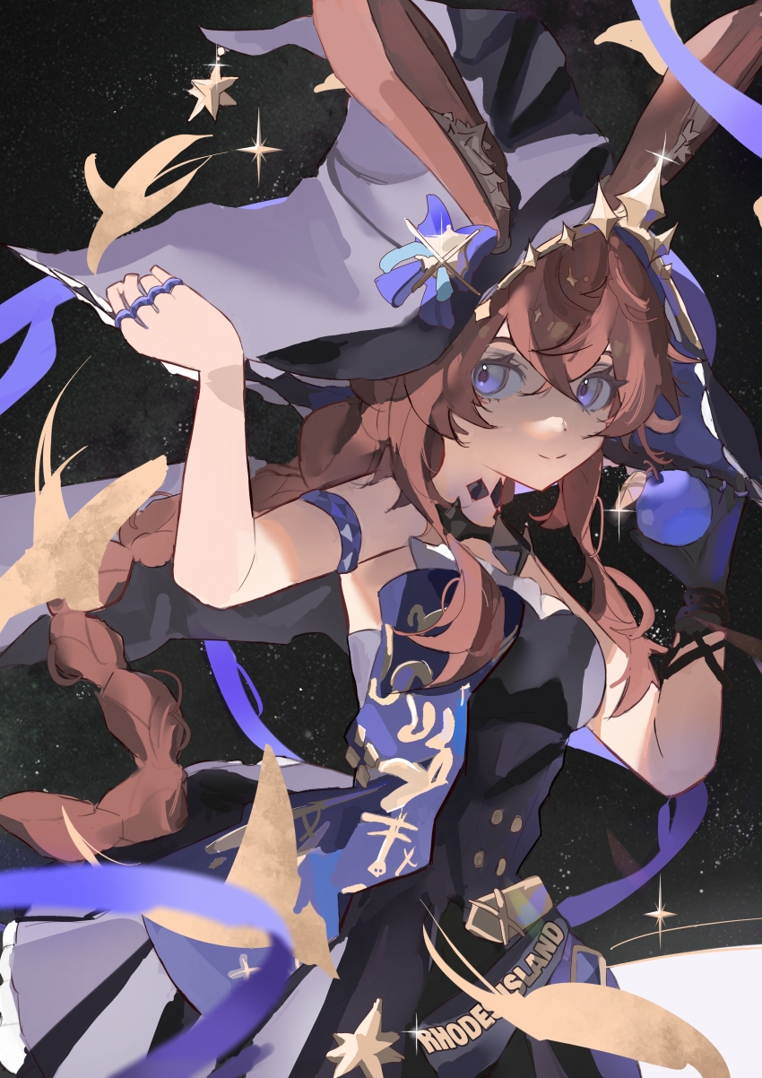1girl absurdres ambience_synesthesia amiya_(arknights) amiya_(medic)_(arknights) amiya_(medic)_(solo_around_the_world)_(arknights) animal_ears arknights armlet black_dress black_hat brown_hair closed_mouth clothes_writing commentary crossed_bangs dress ears_through_headwear english_commentary glint hair_between_eyes hat highres jewelry long_hair looking_at_viewer multiple_rings official_alternate_costume purple_eyes ring solo split_mouth thannlong witch_hat