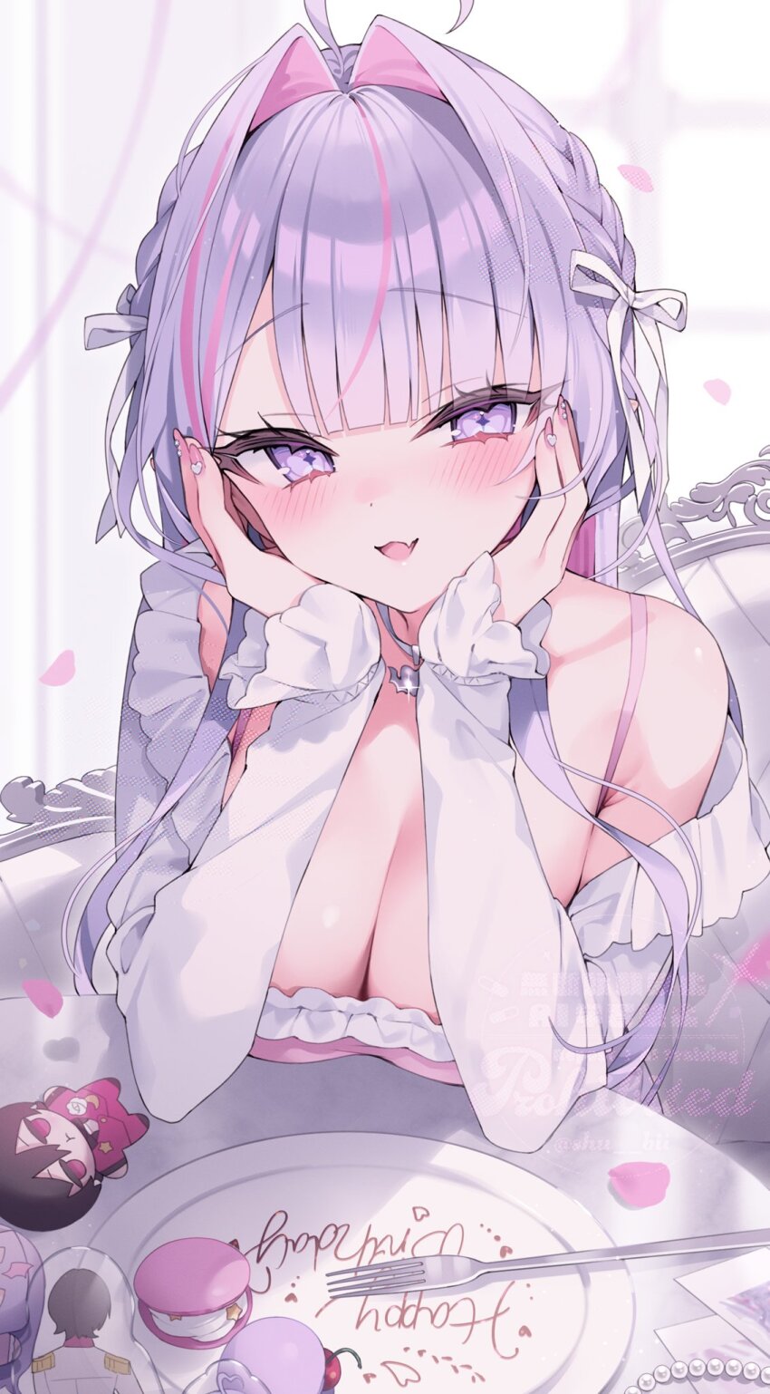 1girl :d ahoge armpit_crease blunt_bangs blush braid breasts camisole chair choker cleavage fang food fork frilled_camisole frilled_shirt frills hair_intakes hair_ribbon happy_birthday head_on_hand highres indie_virtual_youtuber large_breasts looking_at_viewer macaron open_mouth pink_camisole pink_nails pink_streaks plate pov_across_table purple_eyes purple_hair ribbon shinotsuki_lupi shirt shu_bii side_braids single_bare_shoulder single_off_shoulder skin_fang smile solo star-shaped_pupils star_(symbol) symbol-shaped_pupils virtual_youtuber watermark white_choker white_ribbon white_shirt