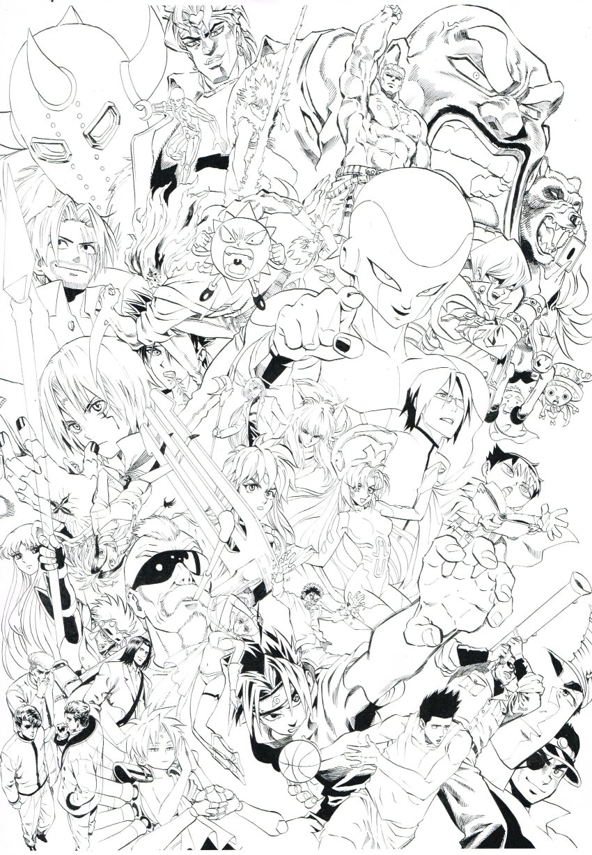 6+boys absurdres akuma_shogun alien allen_walker anger_vein angry annotation_request arm_up armor bald baoh baoh_raihousha basketball basketball_uniform bear bleach bobobo-bo_bo-bobo breasts brown_hair butsu_zone card character_request chopper cigarette company_connection copyright_request crop_top crossover crystal_boy curvy cyborg_jiichan_g cyborg_jiichan_g_(series) d.gray-man death_note death_note_(object) dio_brando don_patch dragon_ball dragonball_z earrings edajima_heihachi energy energy_sword eyepatch facial_hair fetal_position final_form_frieza flute forehead_jewel frieza ginga_(franchise) ginga_nagareboshi_gin gloves glowing goatee greyscale hat headband heart helmet hiei highleg highleg_leotard highres hokuto_no_ken holding holding_card horse houshin_engi instrument ishida_uryuu jewelry jigoku_sensei_nube jojo_no_kimyou_na_bouken kaiba_seto kido_saori kinnikuman kubo_ginji l_(death_note) leotard majin_tantei_nougami_neuro medium_breasts midriff monochrome multicolored_hair multiple_boys multiple_crossover murata_yuusuke muscular music mustache naruto naruto_(series) navel nougami_neuro one_piece open_mouth otoko_ippiki_gaki_daishou partially_annotated pink_hair playing_instrument pointing pointing_at_viewer raoh_(hokuto_no_ken) recorder red_hair rocket_launcher rurouni_kenshin sagara_sanosuke saint_seiya sakigake!!_otokojuku scan scar scar_across_eye scar_on_face sendou_akira senju_(butsu_zone) shanks_(one_piece) sharingan short_hair shounen_jump slam_dunk_(series) smile smoking smoking_pipe so_dakki space_adventure_cobra spiked_hair sportswear stardust_crusaders sunglasses sword tamamo_kyousuke tony_tony_chopper topless_male traditional_media two-tone_hair uchiha_sasuke weapon white_hair wingman youko_kurama yu-gi-oh! yu-gi-oh!_duel_monsters yume_aoi yuu_yuu_hakusho