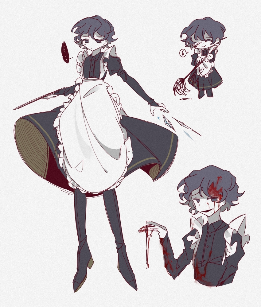 ... 1boy alternate_costume apron black_dress black_eyes black_hair black_shoes blood blood_on_clothes blood_on_face blood_on_hands boots chibi chinese_commentary closed_eyes closed_mouth collared_shirt colored_skin commentary_request cropped_torso crossdressing cryokinesis dress enmaided expressionless film_grain frilled_apron frills full_body hair_between_eyes highres holding holding_mop juliet_sleeves kuwuzhengpai long_sleeves maid male_focus male_maid mop multiple_views musical_note open_mouth puffy_sleeves saibou_shinkyoku shirt shoes short_hair smile speech_bubble spoken_ellipsis spoken_musical_note trap utsugi_noriyuki white_apron white_skin