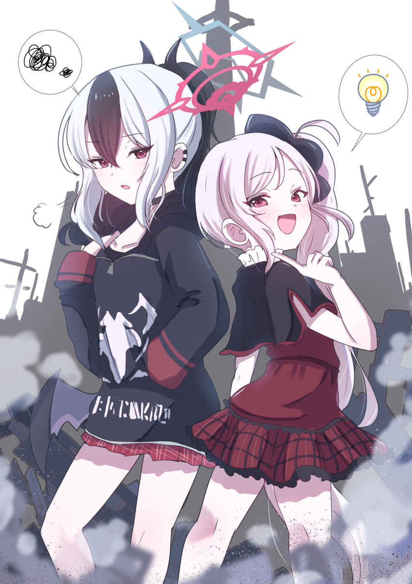 2girls absurdres black_hair black_hoodie black_shirt black_wings blue_archive blush collarbone commentary_request demon_wings giorgio_(yo_sumire_sola1) grey_hair grey_halo halo highres hood hoodie indoors kayoko_(blue_archive) kneepits light_bulb long_hair long_sleeves multicolored_hair multiple_girls mutsuki_(blue_archive) open_mouth ponytail red_eyes red_halo red_skirt shirt side_ponytail simple_background skirt smile spoken_light_bulb spoken_squiggle squiggle white_background wings
