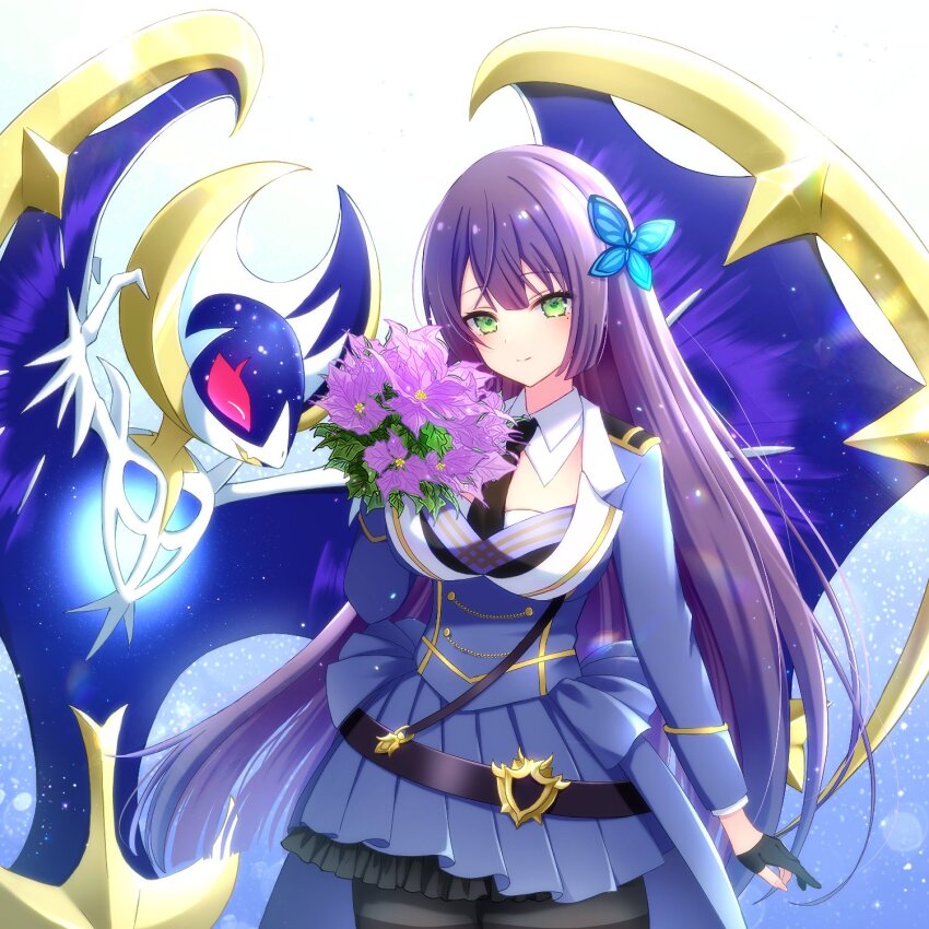 1girl arm_at_side assault_lily black_gloves black_necktie black_pantyhose blue_background blue_jacket blue_skirt breasts butterfly_hair_ornament closed_mouth commentary_request cowboy_shot crossover detached_collar epaulettes fang flower frilled_skirt frills funada_kiito gen_7_pokemon gift_art gloves gradient_background green_eyes hair_ornament half_gloves hand_up highres holding holding_flower jacket large_breasts legendary_pokemon light_blush light_particles light_smile long_hair long_sleeves looking_at_viewer lunala miniskirt mizuha_(dreamchild_0504) mole mole_under_eye necktie nintendo pantyhose parted_lips partially_fingerless_gloves pleated_skirt poinsettia pokemon pokemon_(creature) purple_flower purple_hair second-party_source skin_fang skirt standing thighband_pantyhose very_long_hair waist_cape white_background