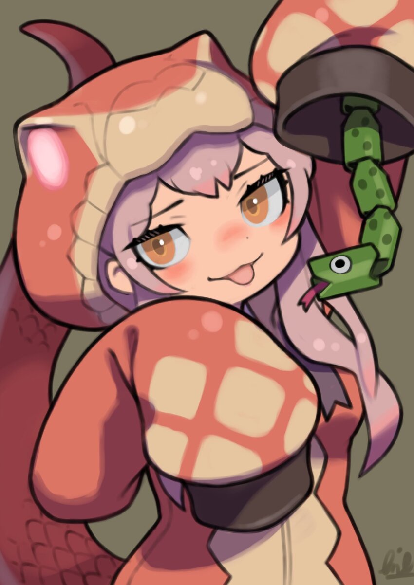 1girl :p blush cowboy_shot hair_between_eyes highres hood hood_up hoodie kemono_friends kemono_friends_3 long_hair long_sleeves looking_at_viewer orange_eyes pink_hair print_hoodie rinx sidelocks sleeves_past_wrists smile snake snake_girl snake_print snake_tail solo tail taipan_(kemono_friends) tongue tongue_out toy upper_body