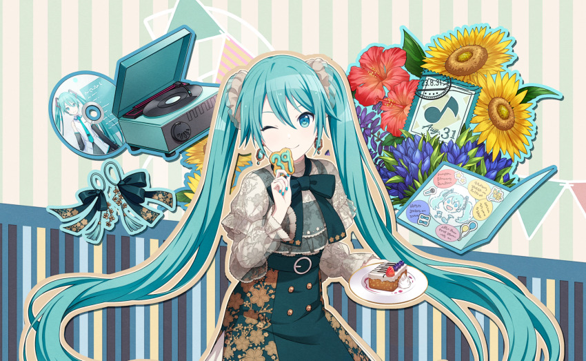 1girl 39 aqua_eyes aqua_hair aqua_nails aqua_outline balloon_sticker beamed_eighth_notes belt belt_buckle birthday_card black_background black_ribbon blouse blue_background blue_bow blue_flower blue_outline blue_tulip blueberry bouquet bouquet_sticker bow bow_sticker branch_print brown_outline brown_scrunchie buckle bud buttons cake cd cherry_blossom_print closed_mouth colorful_palette contrapposto cookie dated dot_nose drawing dress earrings eighth_note embroidery fingernails flat_chest floral_print flower food frilled_sleeves frills fruit gem gentiana_(flower) green_background green_belt green_dress green_gemstone green_ribbon hair_between_eyes hair_flower hair_ornament hair_ribbon hair_scrunchie hair_tie happy hatsune_miku hibiscus highres holding holding_cookie holding_food holding_plate jewelry leaf long_hair long_sleeves looking_at_viewer microphone microphone_sticker musical_note neck_ribbon number_cookie official_art one_eye_closed outline phonograph plate postage_stamp project_sekai puffy_long_sleeves puffy_sleeves purple_flower record red_flower ribbon scrunchie see-through_clothes see-through_shirt shirt side_slit sidelocks simple_background sleeveless sleeveless_dress smile solo star_sticker sticker strawberry string_of_flags striped_background sunflower syrup tassel tassel_hair_ornament third-party_source tulip turntable twintails two-tone_background vertical_stripes very_long_hair vocaloid whipped_cream white_shirt yellow_background yellow_flower