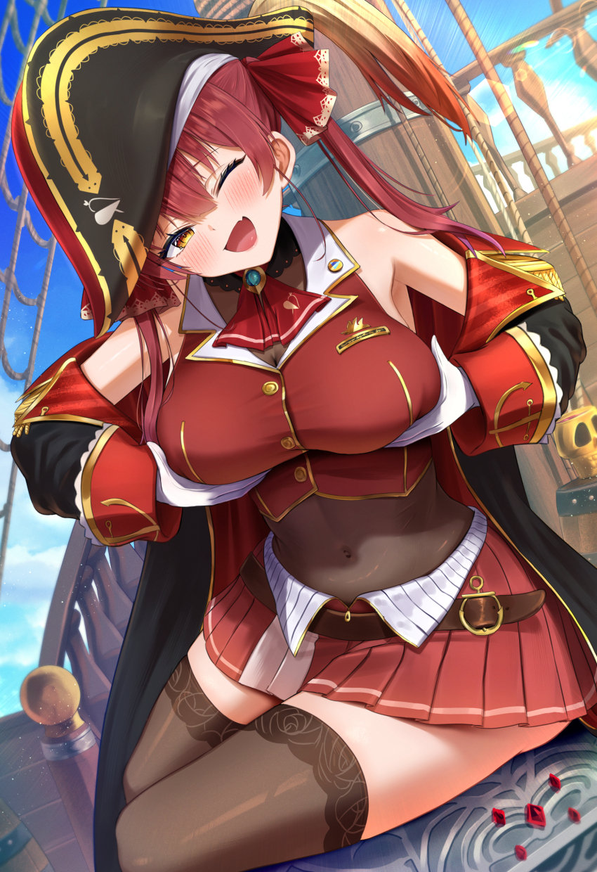 1girl ;d absurdres ascot bicorne black_hat black_robe black_thighhighs blue_sky breasts cropped_jacket day gloves grabbing_own_breast hat highres hololive houshou_marine houshou_marine_(1st_costume) jacket large_breasts leotard leotard_under_clothes miniskirt one_eye_closed open_mouth outdoors pirate_hat pleated_skirt red_ascot red_hair red_jacket red_skirt robe see-through_clothes see-through_leotard ship skirt sky sleeveless sleeveless_jacket smile solo takotakochan_1006 thighhighs virtual_youtuber watercraft white_gloves yellow_eyes